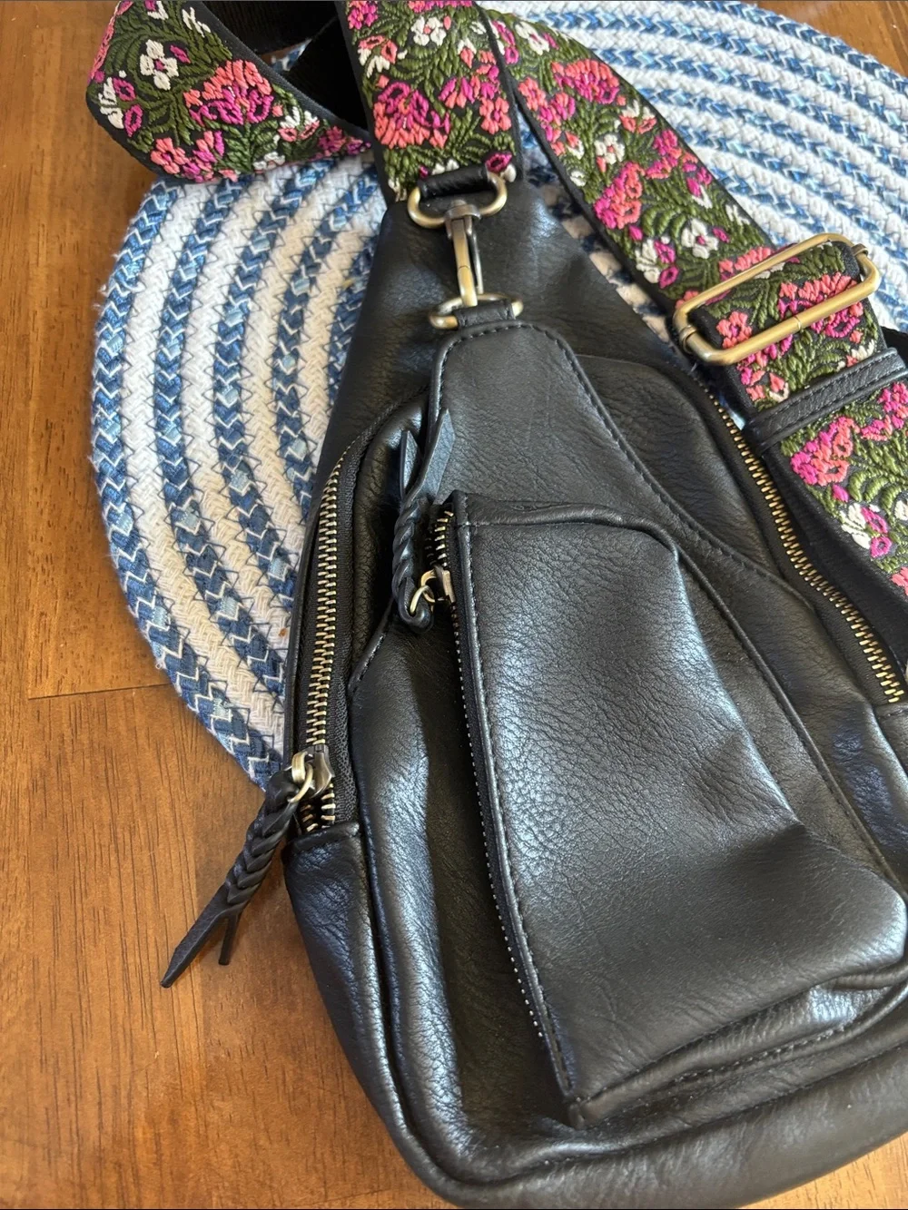 Antik Kraft Black Leather Crossbody with Pink Floral Embroidered Strap